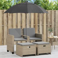 Canap&eacute; de jardin 2 places avec parasol et tabourets beige rotin