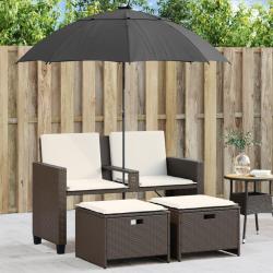 Canap&eacute; de jardin 2 places et parasol et tabourets marron rotin