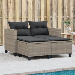 Canap&eacute; de jardin 2 places avec tabourets gris clair poly rotin
