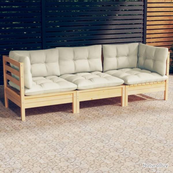 Canap� 3 places de jardin et coussins cr�me Bois de pin solide