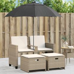Canap&eacute; de jardin 2 places avec parasol et tabourets beige rotin
