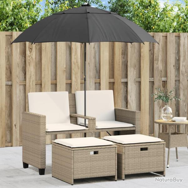 Canap� de jardin 2 places avec parasol et tabourets beige rotin