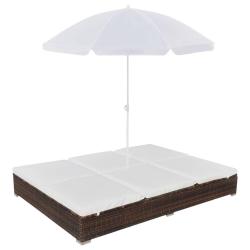 Chaise longue d'ext&eacute;rieur avec parasol R&eacute;sine tress&eacute;e Marron