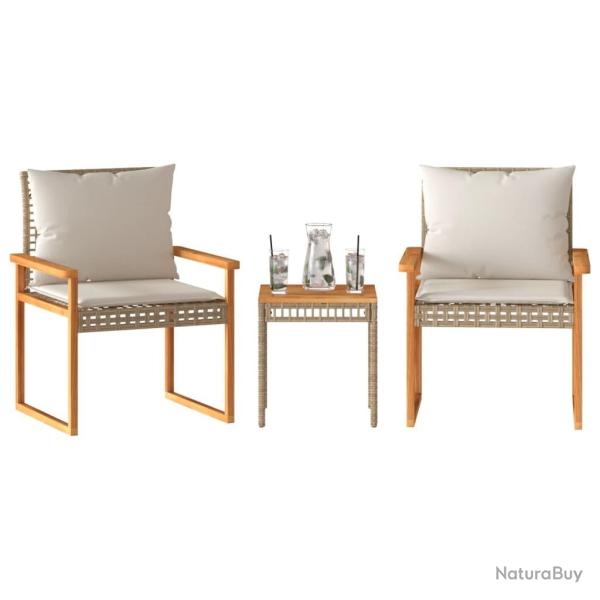 bistro et coussins 3 pcs m�lange beige rotin acacia