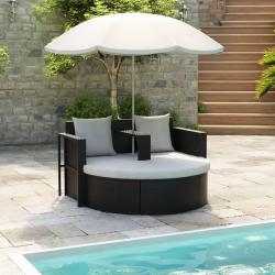 Lit de jardin avec parasol Noir R&eacute;sine tress&eacute;e