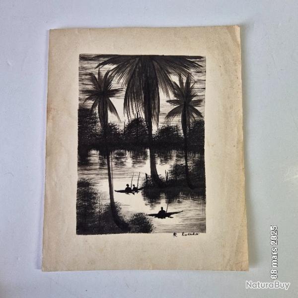 dessins � l'encre de Chine sur le th�me de l'Afrique ou de l'Asie, sign� en bas � droite, Rukara