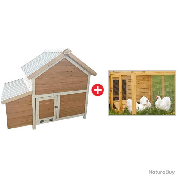 Kit Poulailler 3 poules Bois Confort toit plastique + Enclos