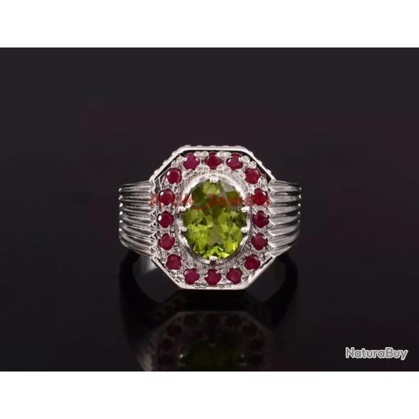 �l�gance et �nergie Captivante - Bague en Argent Sterling avec Pierres naturelles : p�ridot et rubis