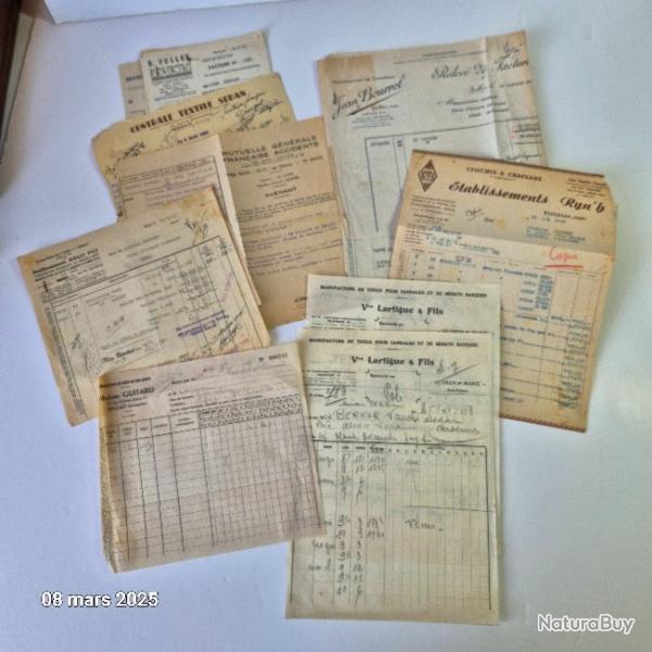 Lot de documents anciens, factures chapeaux, tissus, Oloron, quillan, Millau, Sedan