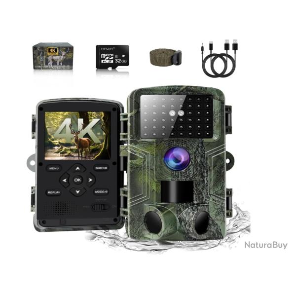 Cam�ra de Chasse 4K HD Vision Nocturne D�tection Mouvement Carte SD 32 Go IP66