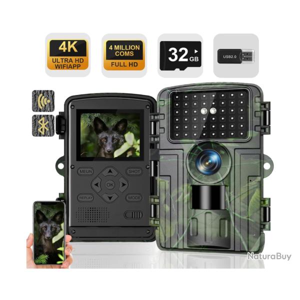 Cam�ra de Chasse WiFi 4K/60MP - Vision Nocturne - D�tection de Mouvement Ultra-Rapide - �tanche IP66