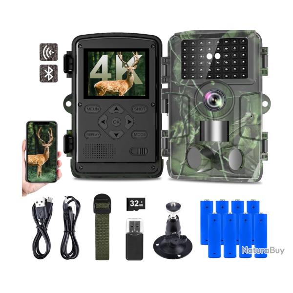 Cam�ra de Chasse 4K HD Vision Nocturne  D�tectionUltra-Rapide 0,05s WiFi & App Mobile �tanche IP66