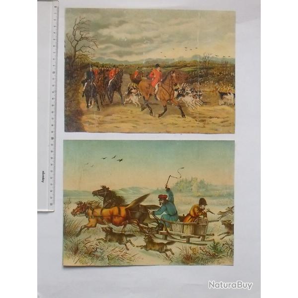 CHROMO GRAND FORMAT: CHASSE � COURRE et au LOUP Lot 2 diff�rents m�me th�me - V�nerie Equipage Chien