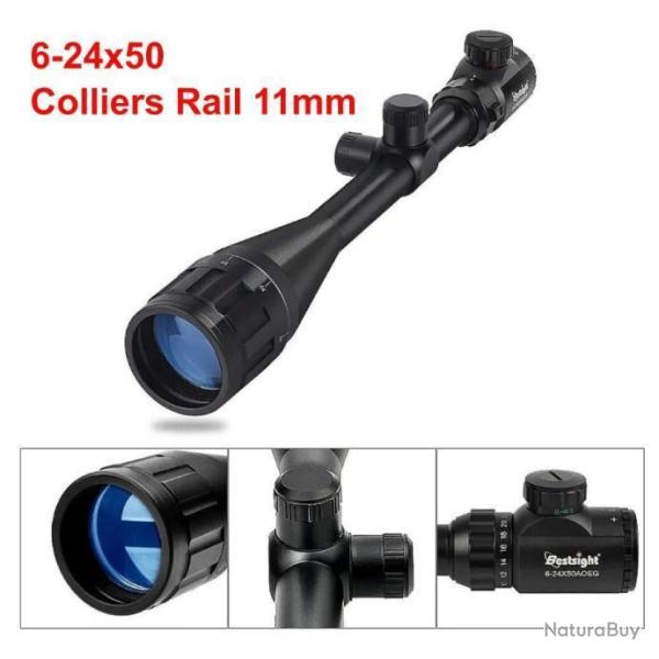 Lunette de Vis�e 6-24X50 Colliers Rail 11mm R�ticule Vert Rouge Tir Aff�t Tactique Chasse Bestsight