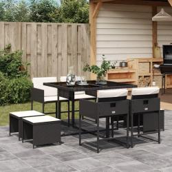 Ensemble &agrave; manger de jardin 9pcs coussins noir r&eacute;sine tress&eacute;e