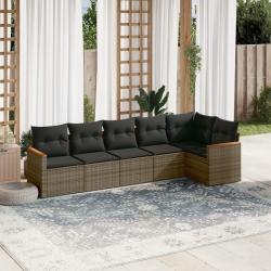 Salon de jardin 6 pcs avec coussins gris r&eacute;sine tress&eacute;e