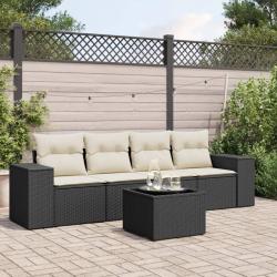 Salon de jardin 5 pcs avec coussins noir r&eacute;sine tress&eacute;e