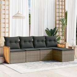 Salon de jardin 5 pcs avec coussins gris r&eacute;sine tress&eacute;e