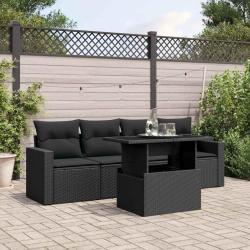 Salon de jardin 5 pcs avec coussins noir r&eacute;sine tress&eacute;e