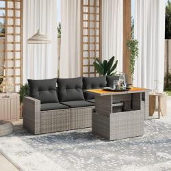 Salon de jardin 5 pcs avec coussins gris r&eacute;sine tress&eacute;e