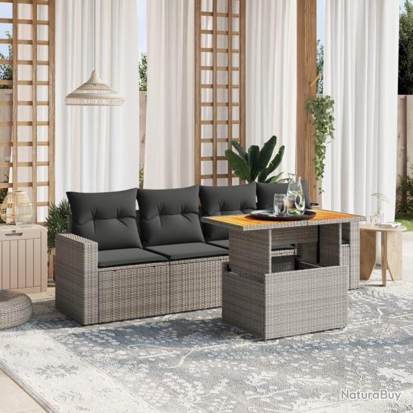 Salon de jardin 5 pcs avec coussins gris r�sine tress�e