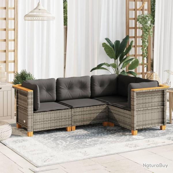Salon de jardin 4 pcs avec coussins gris r�sine tress�e