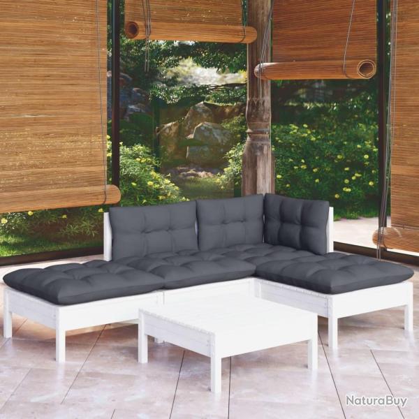 Salon de jardin 5 pcs avec coussins blanc bois de pin alsavelo