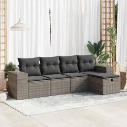 Salon de jardin 5 pcs avec coussins gris r&eacute;sine tress&eacute;e