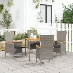 Ensemble &agrave; manger de jardin 5 pcs coussins gris r&eacute;sine tress&eacute;e
