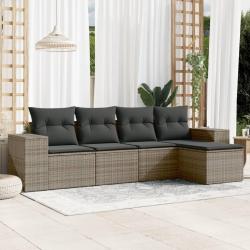 Salon de jardin 5 pcs avec coussins gris r&eacute;sine tress&eacute;e