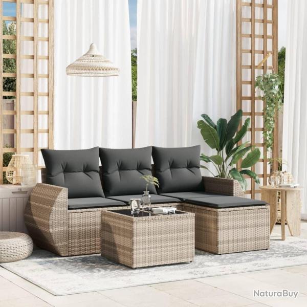 Salon de jardin 5 pcs avec coussins gris clair r�sine tress�e