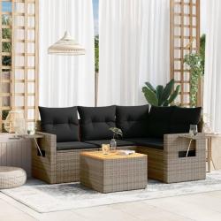 Salon de jardin 5 pcs avec coussins gris r&eacute;sine tress&eacute;e
