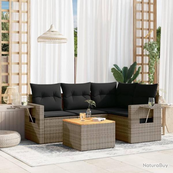 Salon de jardin 5 pcs avec coussins gris r�sine tress�e