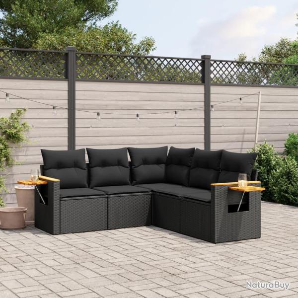 Salon de jardin 5 pcs avec coussins noir r�sine tress�e
