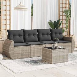Salon de jardin 5 pcs avec coussins gris clair r&eacute;sine tress&eacute;e