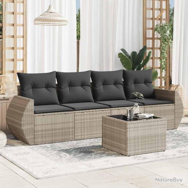 Salon de jardin 5 pcs avec coussins gris clair r�sine tress�e
