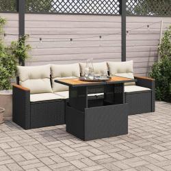 Salon de jardin 5 pcs avec coussins noir r&eacute;sine tress&eacute;e acacia