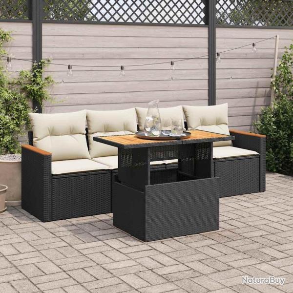 Salon de jardin 5 pcs avec coussins noir r�sine tress�e acacia