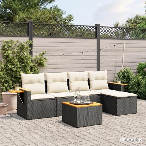 Salon de jardin 6 pcs avec coussins noir r�sine tress�e