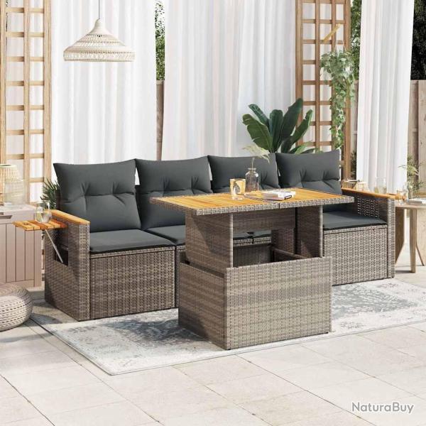 Salon de jardin 5 pcs avec coussins gris r�sine tress�e acacia alsavelo