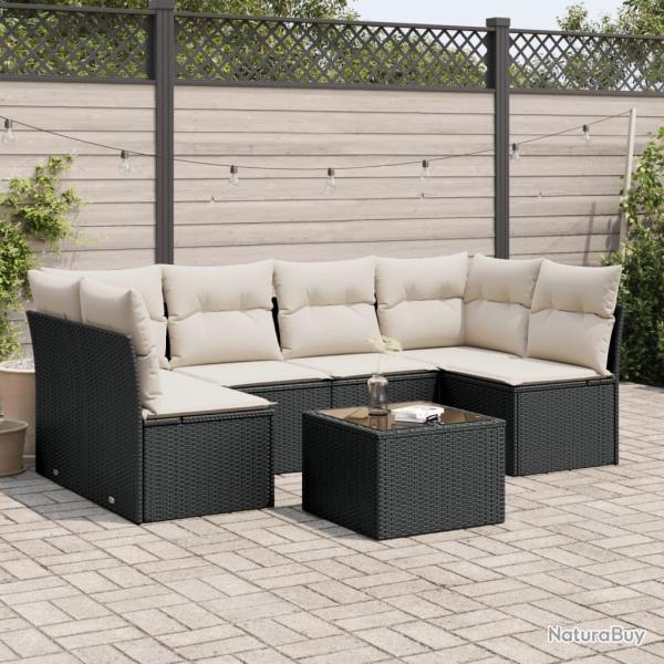 Salon de jardin 7 pcs avec coussins noir r�sine tress�e