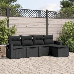 Salon de jardin 5 pcs avec coussins noir r&eacute;sine tress&eacute;e