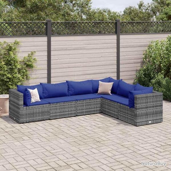 Salon de jardin 6 pcs avec coussins Gris R�sine tress�e