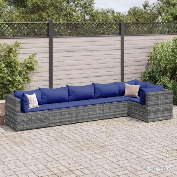 Salon de jardin 6 pcs avec coussins Gris R�sine tress�e
