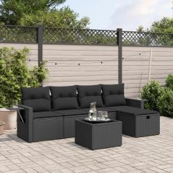 Salon de jardin 6 pcs avec coussins noir r&eacute;sine tress&eacute;e alsavelo