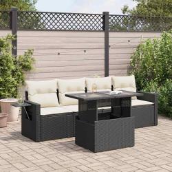 Salon de jardin 5 pcs avec coussins noir r&eacute;sine tress&eacute;e