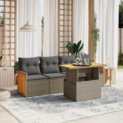 Salon de jardin 5 pcs avec coussins gris r&eacute;sine tress&eacute;e