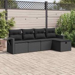 Salon de jardin 5 pcs avec coussins noir r&eacute;sine tress&eacute;e