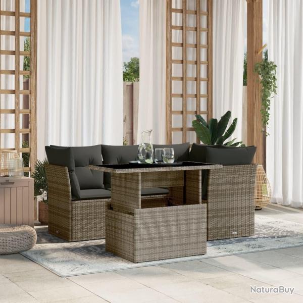 Salon de jardin 5 pcs avec coussins gris r�sine tress�e