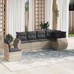 Salon de jardin 6 pcs avec coussins gris clair r&eacute;sine tress&eacute;e